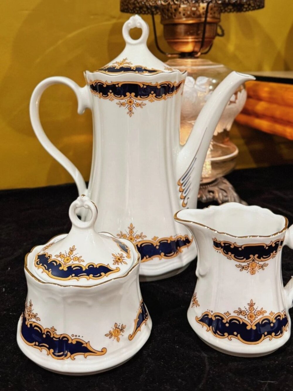 Wunsiedel Bavaria R Porzellan Coffee Set Pot Cream Sugar Cobalt Gold Vintage